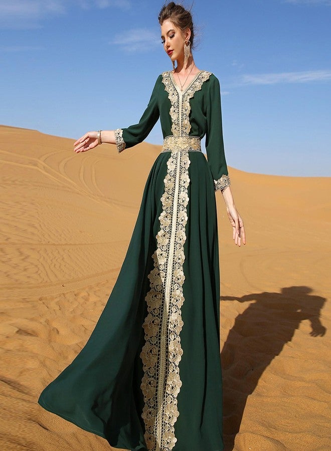 ODIZLI Abaya Dress for Women Moroccan Kaftan Dubai Fancy Long Sleeve Kaftan Dresses Moroccan Traditional Ethnic Shirts Dress Robe Wedding Party Attire Jalabiya Mubarak Eid Ramadan Outfits Dark Green M - Image 2